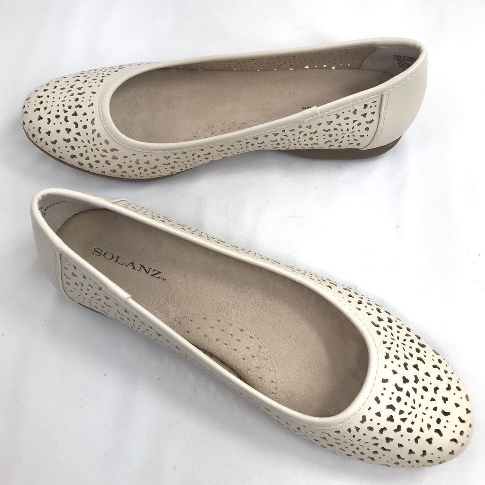 Solanz Cream Laser Cut Faux Leather Slip On Memory Foam Ballet Flats - Picture 4 of 14